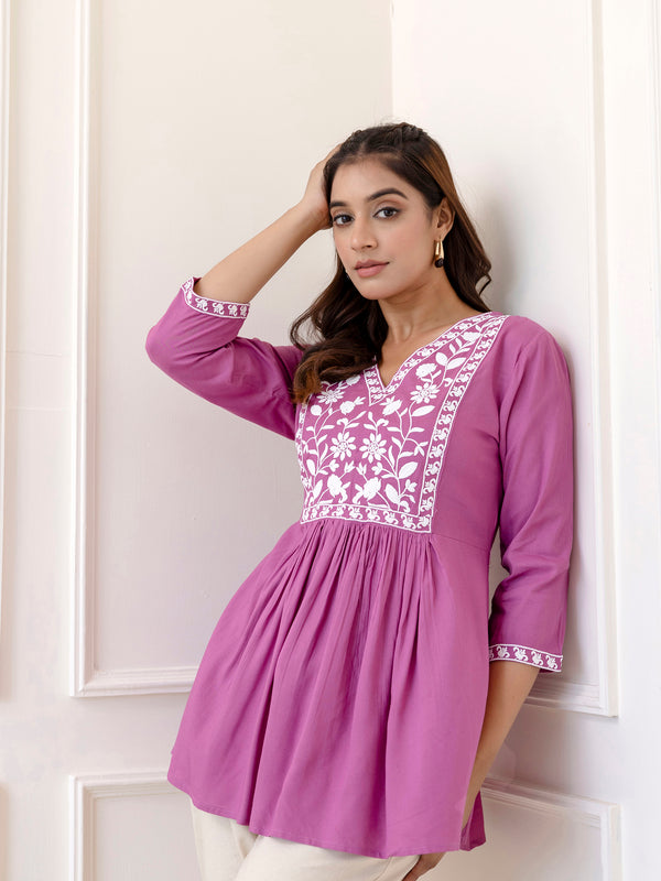Lavender Rayon Hip Length Solid V-Neck Solid Embroidered Semi-Flared Top