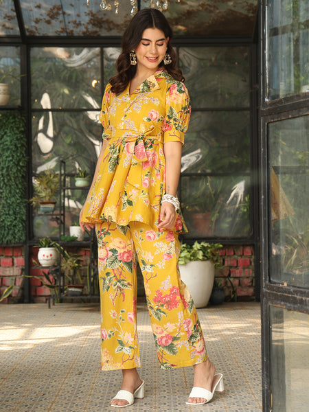 Yellow Cotton Hip Length Printed Shirt Collar Flared Top Palazzo Set