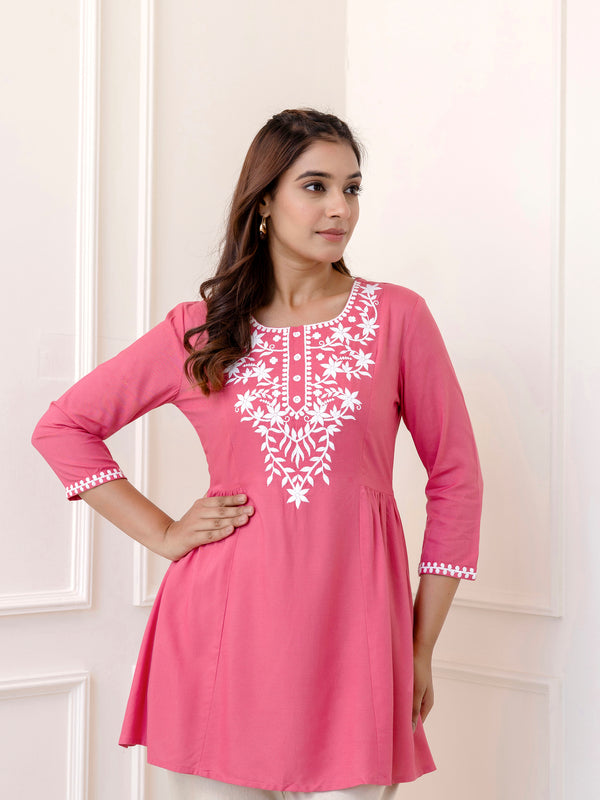 Pink Rayon Hip Length Solid Round Neck Solid Embroidered Straight Top