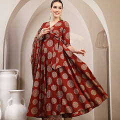 Gulmohar Jaipur Cotton Calf Length Printed 3/4 Sleeve V-Neck Anarkali Kurta Suit Set