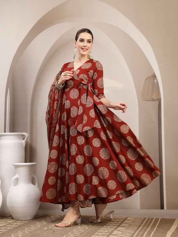 Gulmohar Jaipur Cotton Calf Length Printed 3/4 Sleeve V-Neck Anarkali Kurta Suit Set