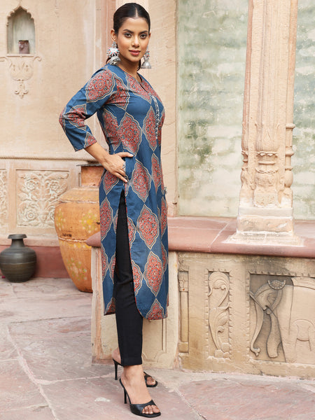 Blue Cotton Calf Length Printed Straight Round Neck Kurta