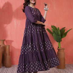 Cotton Calf Length Printed 3/4 Sleeves Key Hole Neck Flared Kurta
