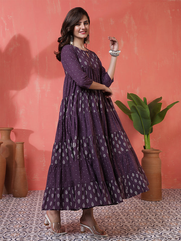 Cotton Calf Length Printed 3/4 Sleeves Key Hole Neck Flared Kurta