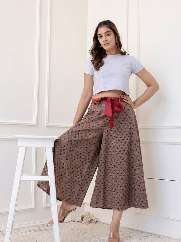 Grey Cotton Calf Length Printed Flared Palazzo