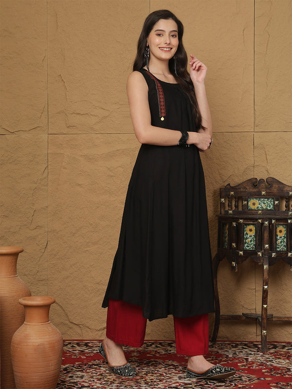 Black Rayon Calf Length Solid  Round Neck A-line Kurta