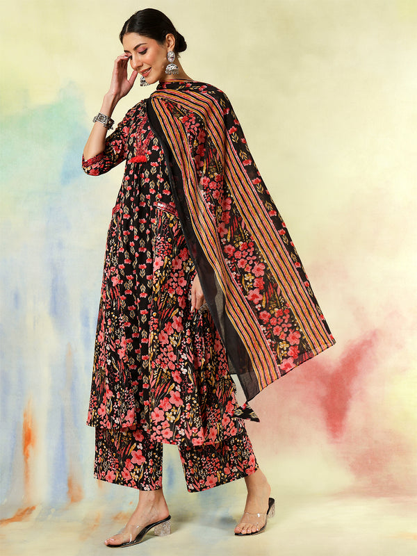 Black Pure Cotton Printed Embroidered Semi-Flared Kurta Suit Set