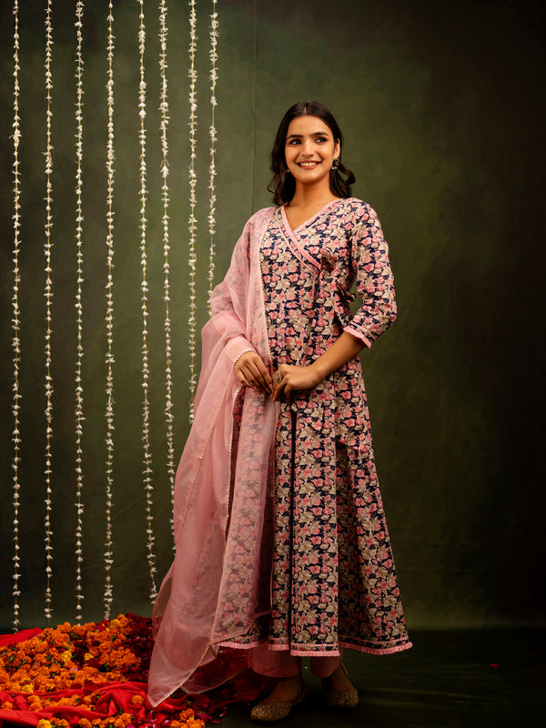Navy Cotton Calf Length Printed Flared Angrakha Kurta Suit Set