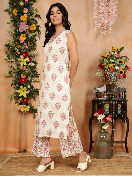 Peach Cotton Calf Length Printed Collared Straight Kurta Palazzo Set