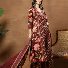 Cotton Calf Length Printed 3/4 Sleeves V-Neck Flared Kurta Suit Set
