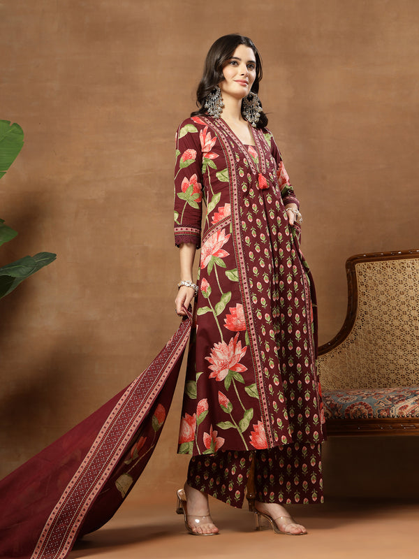 Cotton Calf Length Printed 3/4 Sleeves V-Neck Flared Kurta Suit Set