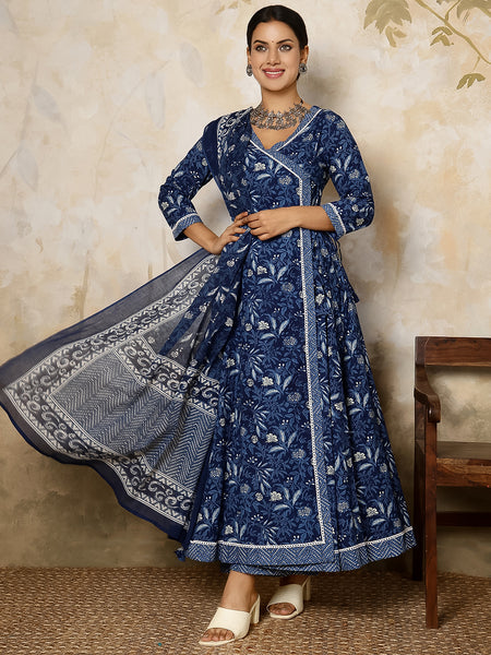Indigo Cotton Calf Length Printed Flared V-Neck Kurta Suit Set