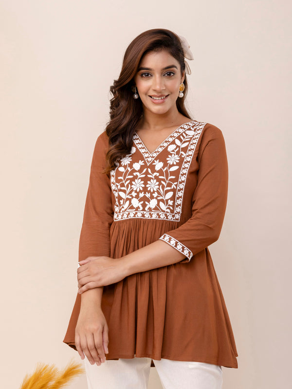 Brown Rayon Hip Length Solid V-Neck Solid Embroidered Semi-Flared Top