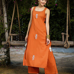 Gulmohar Jaipur Rayon Calf Length Solid Sleeveless Round Neck Straight Kurta Suit Set