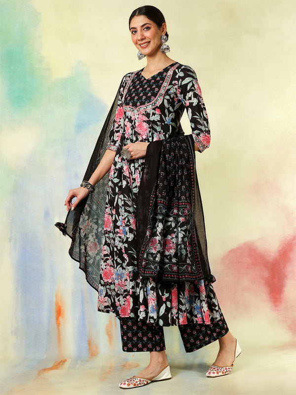Black Pure Cotton Printed Embroidered Anarkali Kurta Suit Set