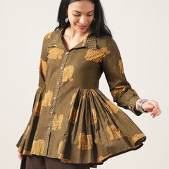 Cotton Hip Length Printed Full Sleeve Shirt Collar Flared Top