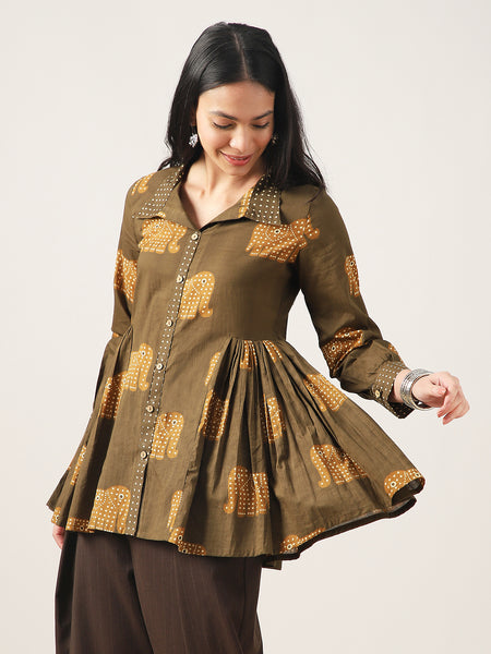 Cotton Hip Length Printed Full Sleeve Shirt Collar Flared Top