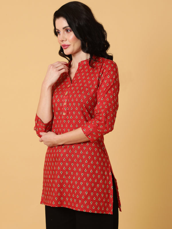 Cotton  Midi Length Printed Straight 3/4 Sleeves Mandarin Top