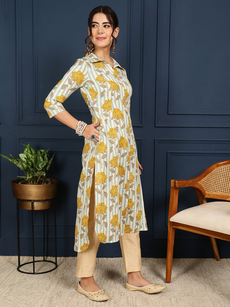 Mustard Cotton Flex Calf Length Printed Shirt Coller Straight Kurta