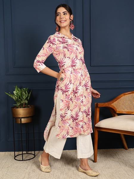 Pink Cotton Flex Calf Length Printed Shirt Coller Straight Kurta