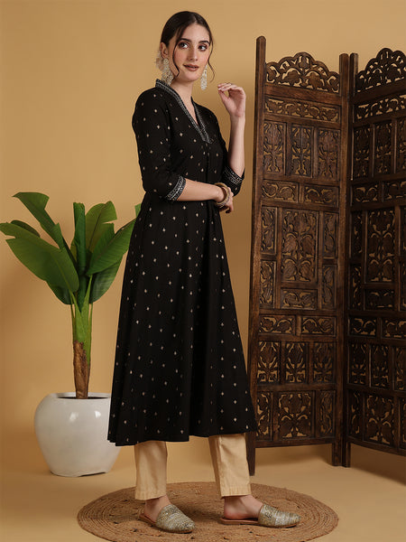 Black Rayon Calf Length Solid Semi-Flared V-Neck Kurta