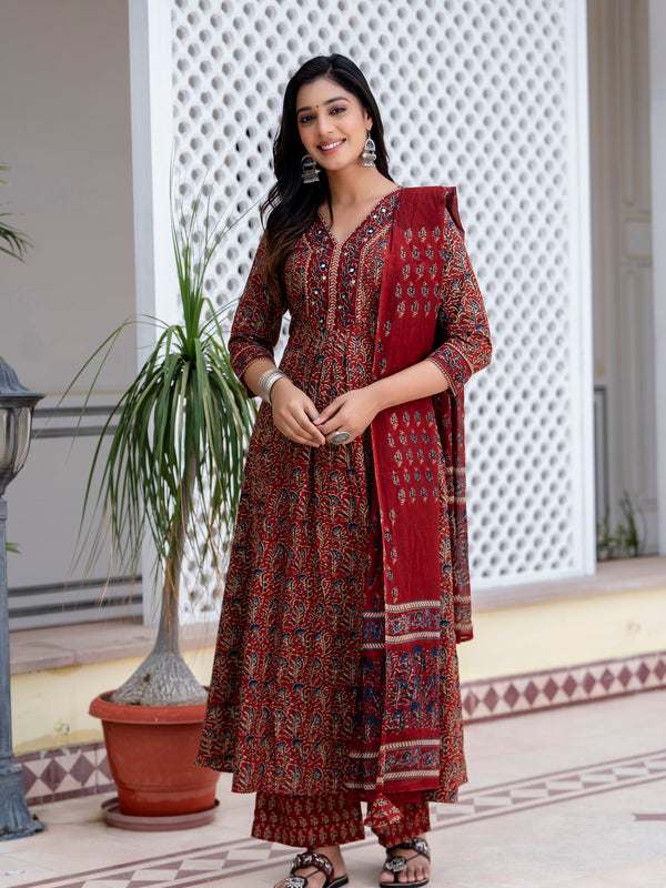 Maroon Cotton Calf Length Printed V-Neck Anarkali Kurta Suit Set
