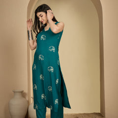 Gulmohar Jaipur Rayon Calf Length Printed Sleeveless V-Neck Straight Kurta Suit Set