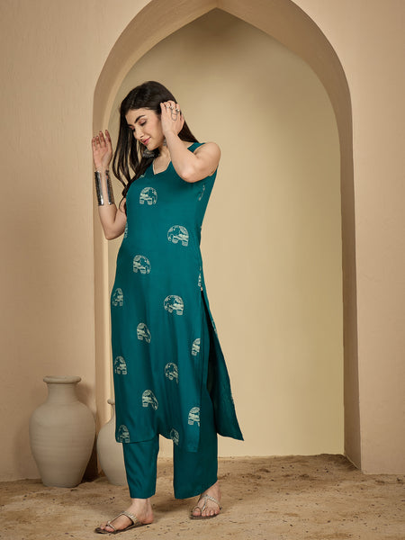Gulmohar Jaipur Rayon Calf Length Printed Sleeveless V-Neck Straight Kurta Suit Set