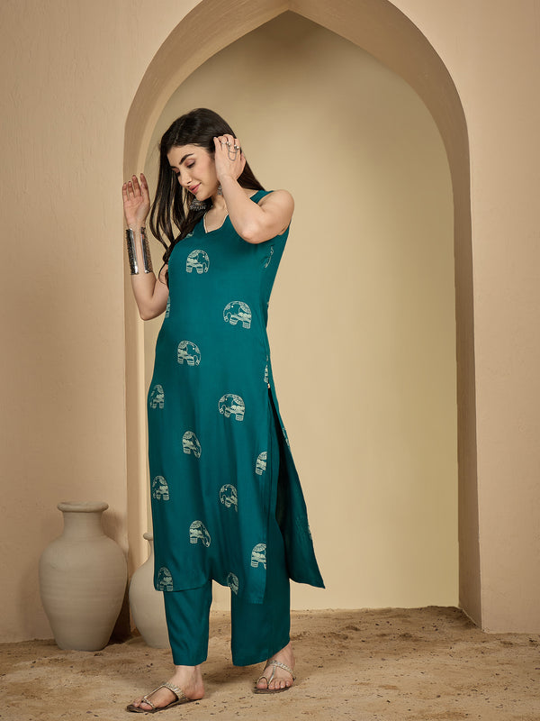 Gulmohar Jaipur Rayon Calf Length Printed Sleeveless V-Neck Straight Kurta Suit Set