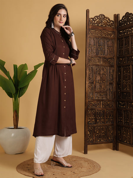 Brown Rayon Calf Length Solid A-Line Mandarin Neck Kurta