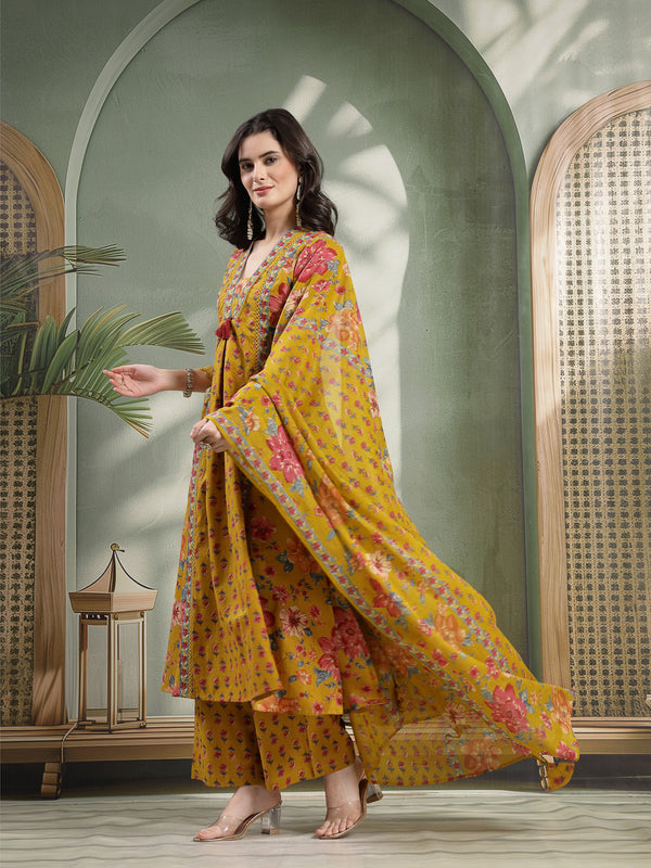 Cotton Calf Length Printed 3/4 Sleeves V-Neck Flared Kurta Suit Set