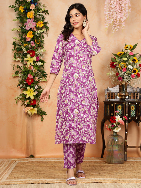 Purple Cotton Calf Length Printed V-Neck Straight Kurta Suit Set