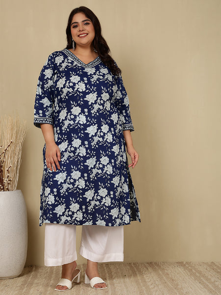 Cotton  Calf Length Printed Straight 3/4 Sleeves V-Neck Kurta