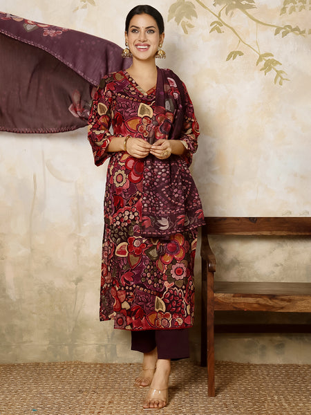 Maroon Rayon Calf Length Printed Round Flared Kurta Suit Set