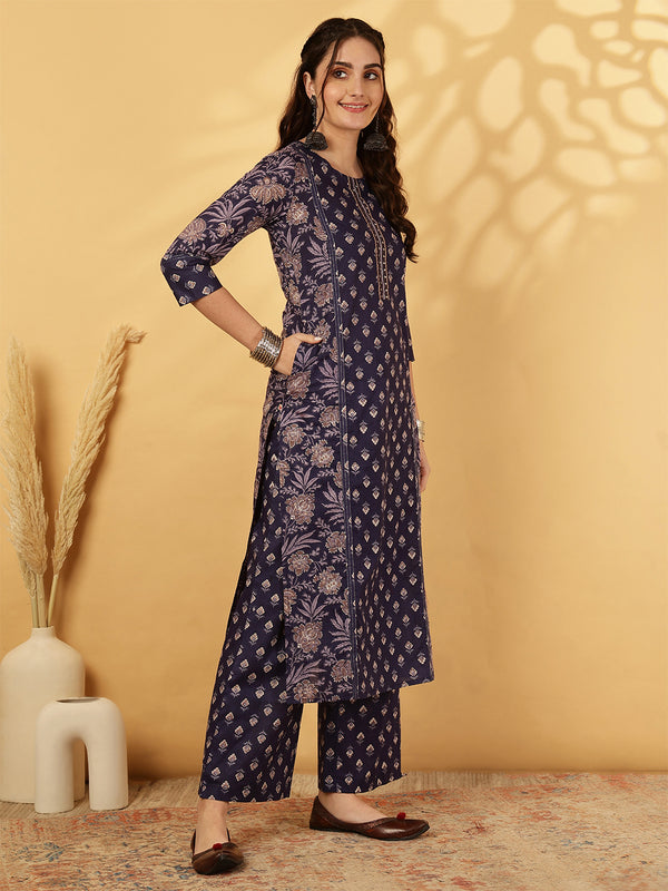 Calf Length Printed Straight 3/4 Sleeves Round Neck Kurta Bottom Dupatta Set