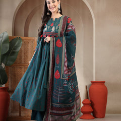 Gulmohar Jaipur Rayon Calf Length Printed 3/4 Sleeves Round Neck A-Line Kurta Suit Set