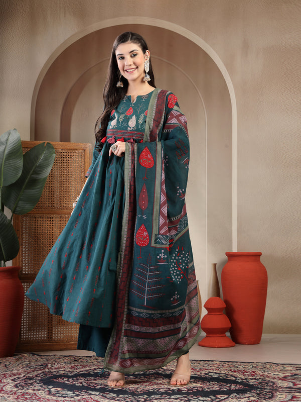 Gulmohar Jaipur Rayon Calf Length Printed 3/4 Sleeves Round Neck A-Line Kurta Suit Set
