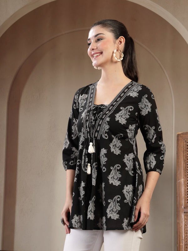 Gulmohar Jaipur Cotton Hip Length Printed 3/4 Sleeves V-Neck Flared Top