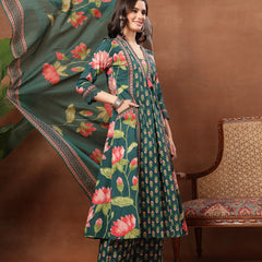 Cotton Calf Length Printed 3/4 Sleeves V-Neck Flared Kurta Suit Set