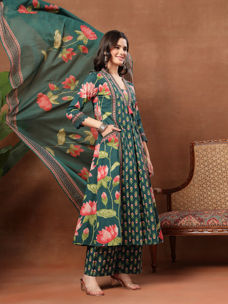 Cotton Calf Length Printed 3/4 Sleeves V-Neck Flared Kurta Suit Set