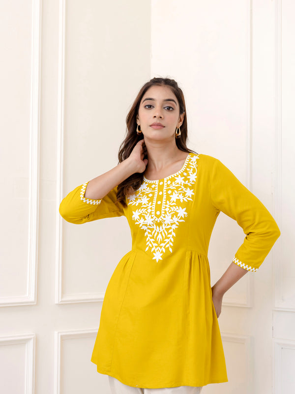 Yellow Rayon Hip Length Solid Round Neck Solid Embroidered Straight Top