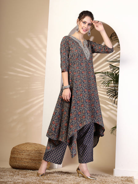 Navy Cotton Calf Length Printed Round Neck Asymmetric Kurta Palazzo Set