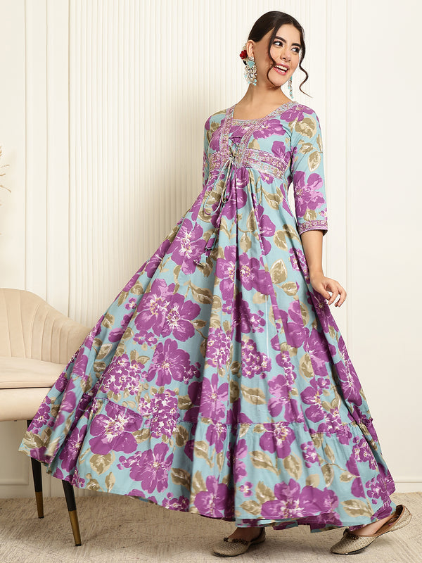 Light Blue Cotton Ankle Length Printed V-Neck Anarkali Gown Gulmohar Jaipur Light Blue Cotton Ankle Length Printed V-Neck Anarkali Gown Gulmohar Jaipur