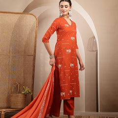 Gulmohar Jaipur Rayon Calf Length Printed 3/4 Sleeves V-Neck Straight Kurta Suit Set