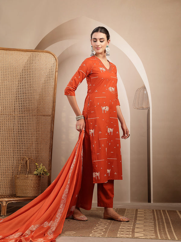 Gulmohar Jaipur Rayon Calf Length Printed 3/4 Sleeves V-Neck Straight Kurta Suit Set