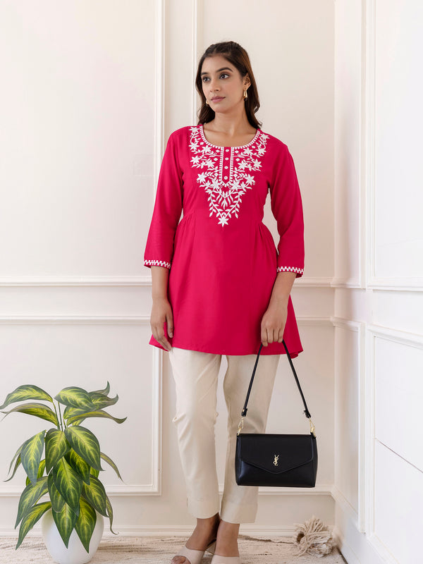 Rani Rayon Hip Length Solid Round Neck Solid Embroidered Straight Top