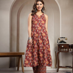 Cotton Calf Length Printed Sleeveless V-Neck Flared Kurta Suit Set