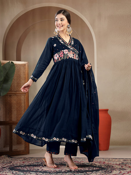 Gulmohar Jaipur Cotton Calf Length Solid Full Sleeves Anrakha Neck Flared Kurta Suit Set