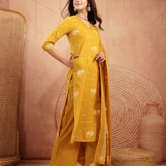 Gulmohar Jaipur Rayon Calf Length Printed 3/4 Sleeves V-Neck Straight Kurta Suit Set