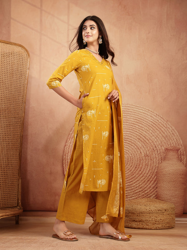 Gulmohar Jaipur Rayon Calf Length Printed 3/4 Sleeves V-Neck Straight Kurta Suit Set
